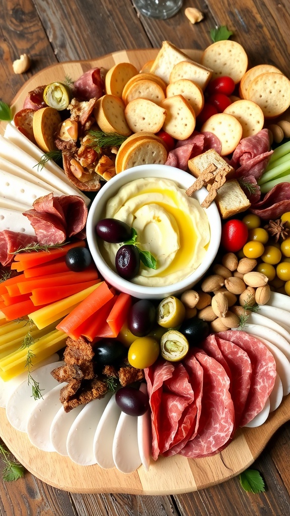 Savory Continental Appetizer Platter An elegant appetizer platter with cheeses, meats, vegetables, olives, and hummus, perfect for entertaining.